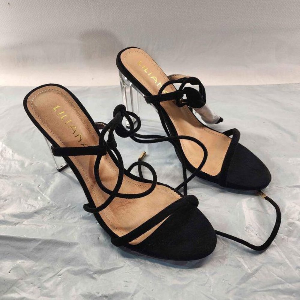 9M Liliana Women's Clear Acrylic 4 1/4" Heel Lace Up Black Sandal
